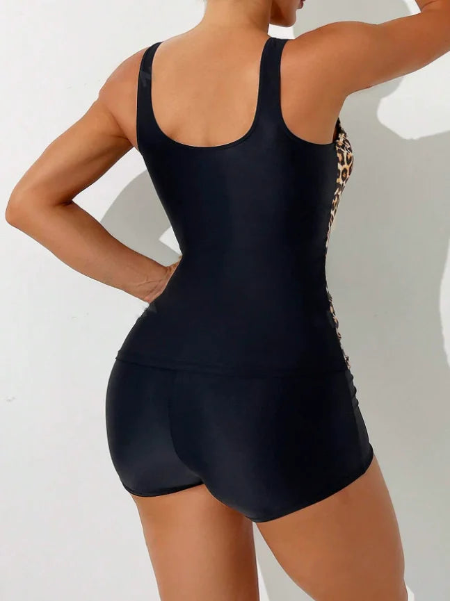 Women's Leopard Print Summer Beach Tankini Swimsuit Set, Consisting of Vest and Boxer Shorts