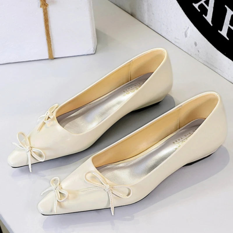 Pointed End Low Heeled Shoes Women Wedges Bowknot Low Heels Pumps Elegant Banquet Shoe Kitten Heels Ladies Shoes