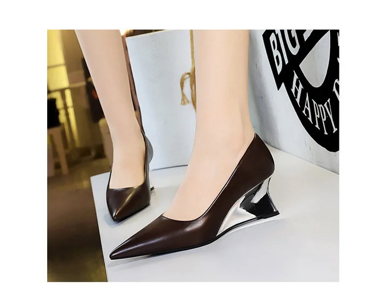 Spring Fashion Pointed Toe Pumps Woman Metal Decoration Wedges Heels Elegant Ladies Shoes