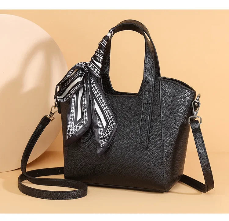 Pure Leather Cowhide Single Shoulder Crossbody Bag Ladies Handbag Fashion Bucket Bag Simple Basket Comes with Scarf