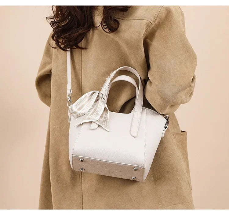 Pure Leather Cowhide Single Shoulder Crossbody Bag Ladies Handbag Fashion Bucket Bag Simple Basket Comes with Scarf