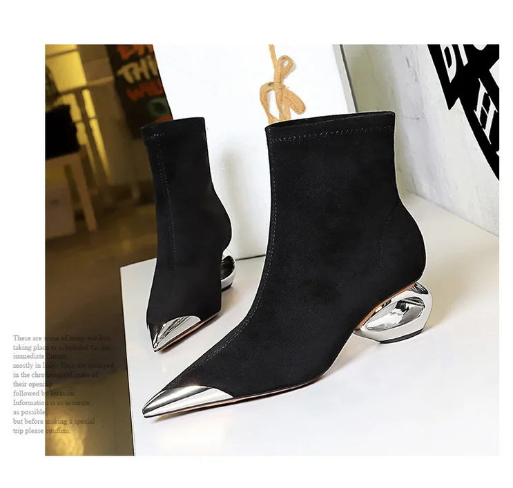 Street Style Fur Metal Hollow Heel Modern Faux Suede Short Boots for Women Metal Pointed Toe Low Heel Boots Female