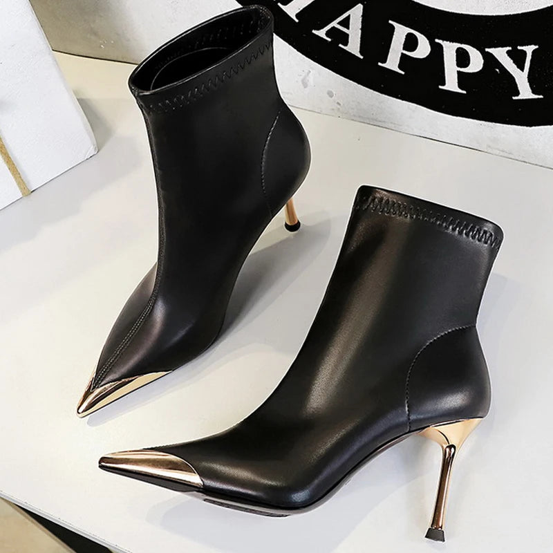Boots Metal Pointed tip Women Boots Fashion Leather Boots High Heels Stilettos New Women Ankle Boots