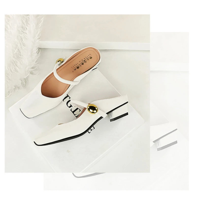 European Style Light-Mouthed Half-Slippers Women Wearing Thick Heels And Square-Toe Mary Jane Shoes One-Strap