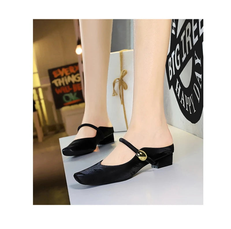 European Style Light-Mouthed Half-Slippers Women Wearing Thick Heels And Square-Toe Mary Jane Shoes One-Strap