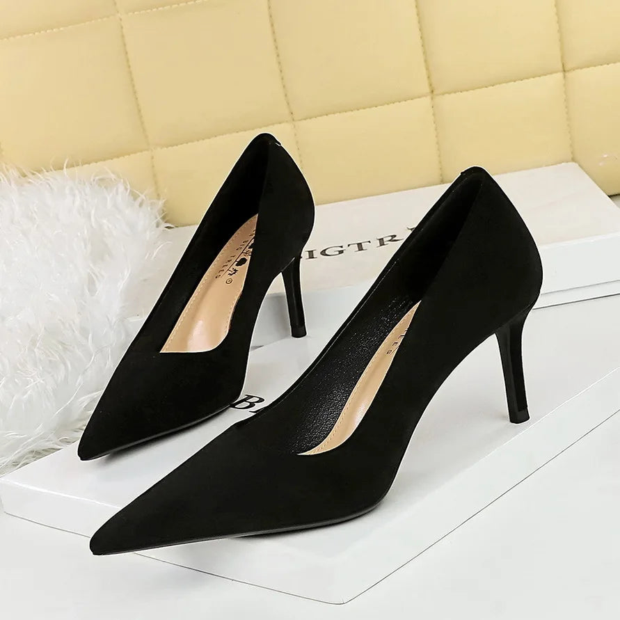 Suede Black Women Pumps High Heels Pointed Toe Women Heels 7Cm Ladies Shoes Office Shoes
