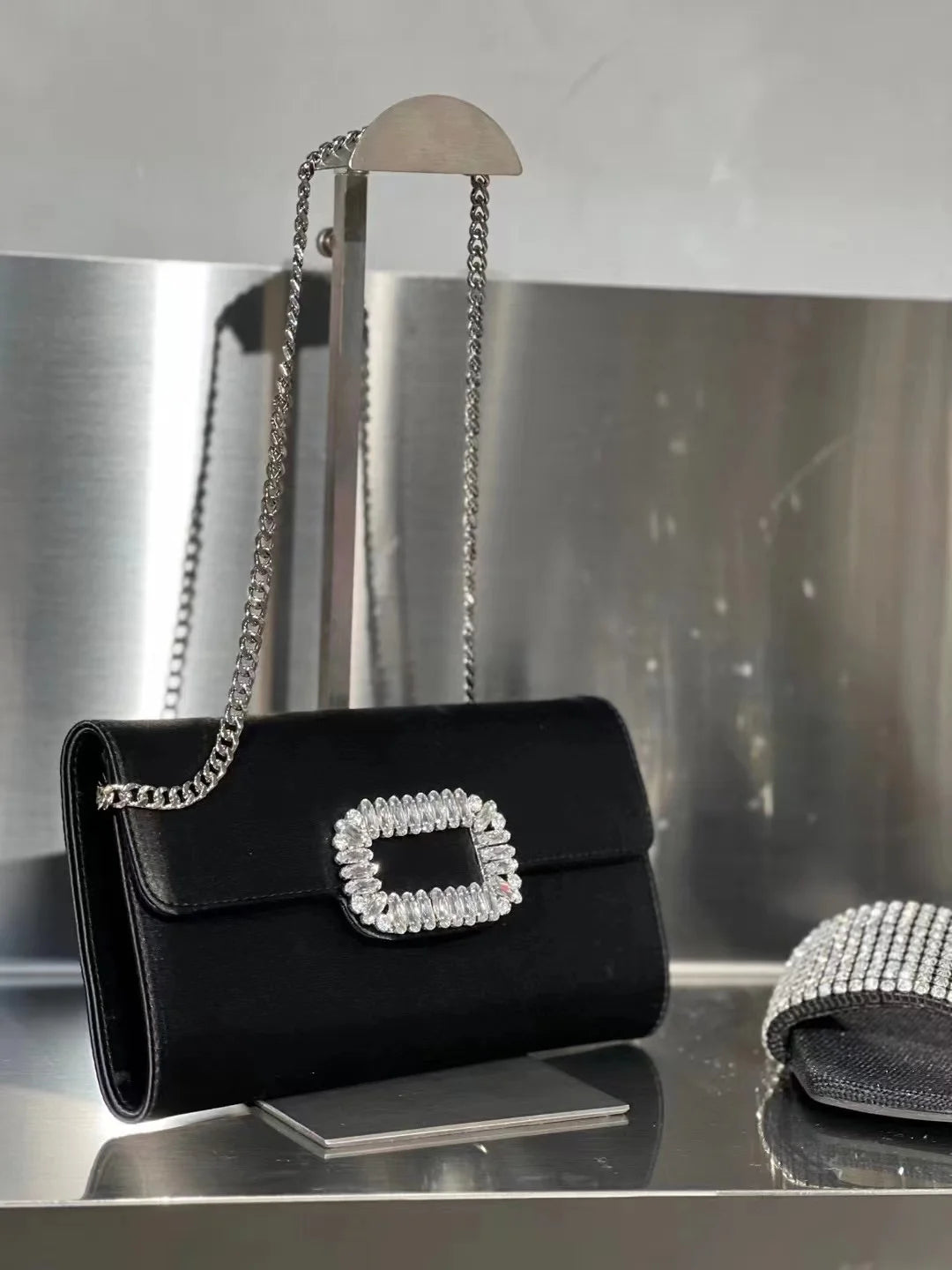 Luxury Satin Clutch Purse For Wedding Party Banquet Women's Handbag Crystal Shiny Rhinestone Diamond Evening Bag Shoulder Bag