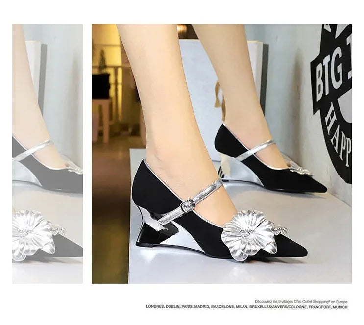 Metal Wedges 6 cm Women Pumps Flower Design High Heels Suede Sexy Party Shoes Buckle Ladies Shoes Women Wedges