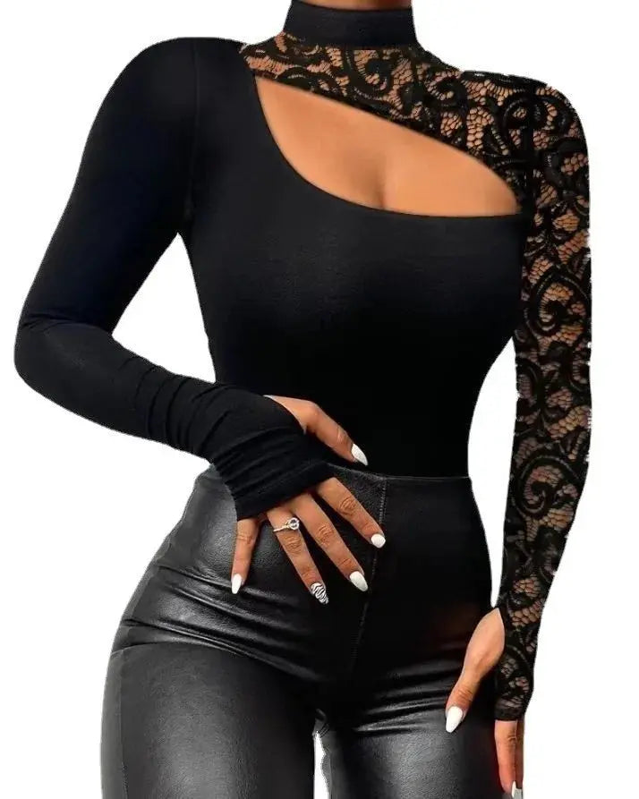 Sexy Lace Irregular Long Sleeve Top Women's Shirts Sexy Off Shoulder Lace Irregular Long Sleeve Black Tops O-neck Ladies Elegant Blouse T-shirt Natalia Home Fashion Natalia Home Fashion