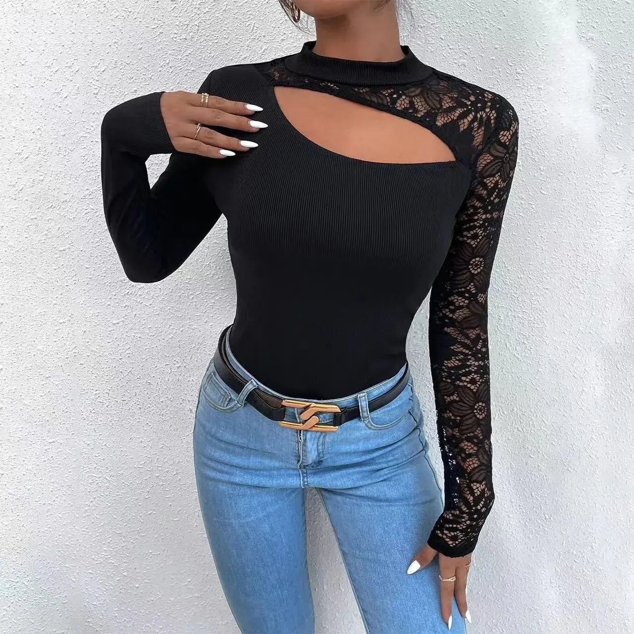 Sexy Lace Irregular Long Sleeve Top Women's Shirts Sexy Off Shoulder Lace Irregular Long Sleeve Black Tops O-neck Ladies Elegant Blouse T-shirt Natalia Home Fashion Natalia Home Fashion