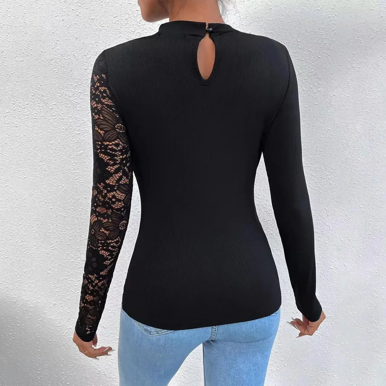 Sexy Lace Irregular Long Sleeve Top Women's Shirts Sexy Off Shoulder Lace Irregular Long Sleeve Black Tops O-neck Ladies Elegant Blouse T-shirt Natalia Home Fashion Natalia Home Fashion