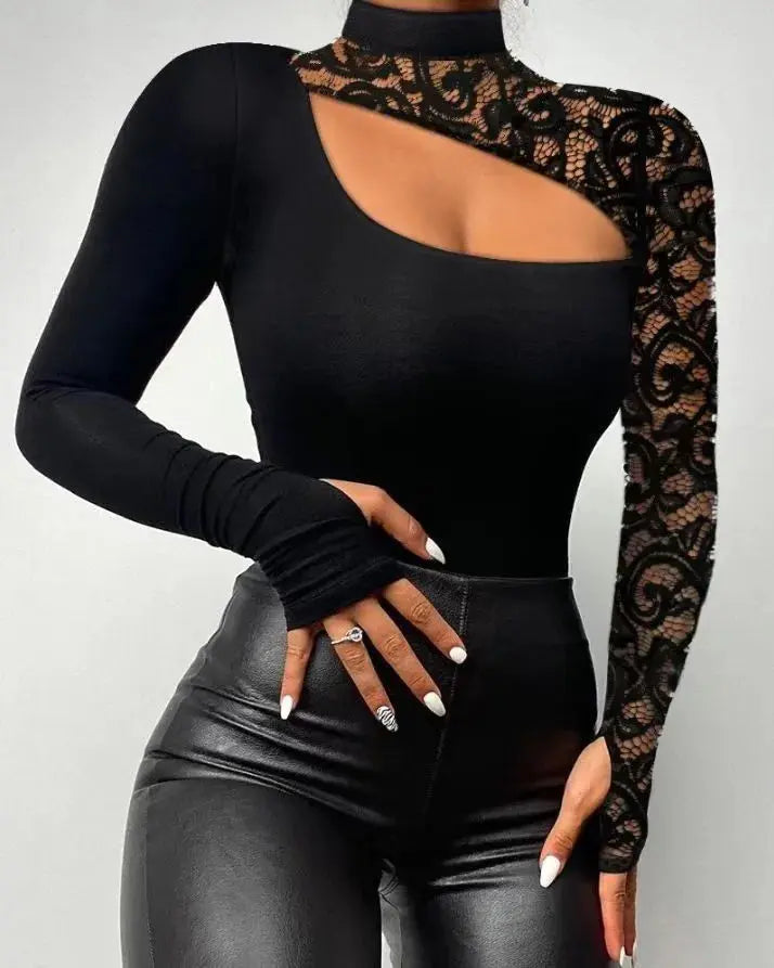 Sexy Lace Irregular Long Sleeve Top Women's Shirts Sexy Off Shoulder Lace Irregular Long Sleeve Black Tops O-neck Ladies Elegant Blouse T-shirt Natalia Home Fashion Black-S Natalia Home Fashion