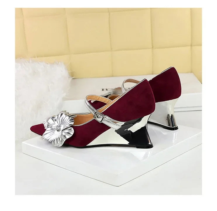 Metal Wedges 6 cm Women Pumps Flower Design High Heels Suede Sexy Party Shoes Buckle Ladies Shoes Women Wedges