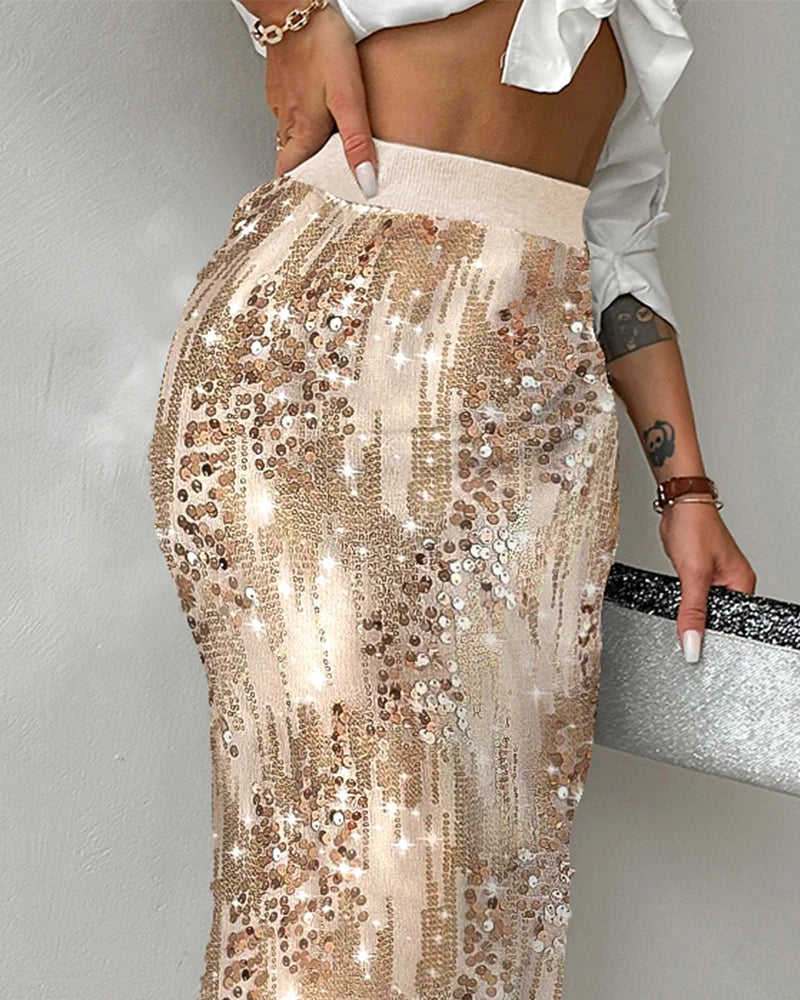2024 Allover Sequin Stretchy Waist Side Slit Party Club Skirt Natalia Home Fashion Natalia Home Fashion
