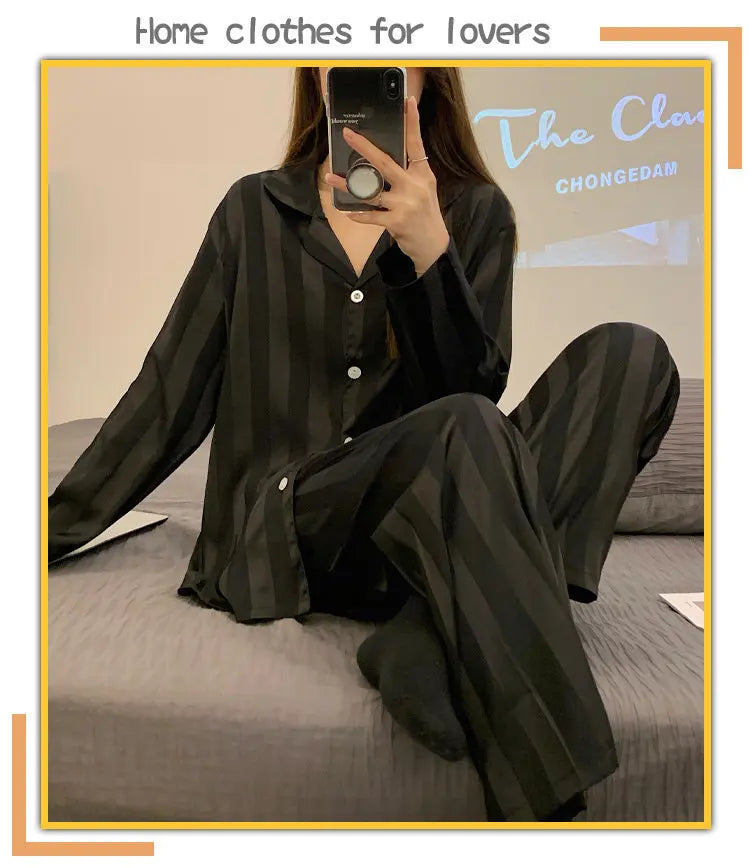 Striped Satin Pajamas Women Jacquard Loungewear Long Sleeve Trousers Two-Piece Set Solid Color Roll-Neck Cardigan Sleepwear