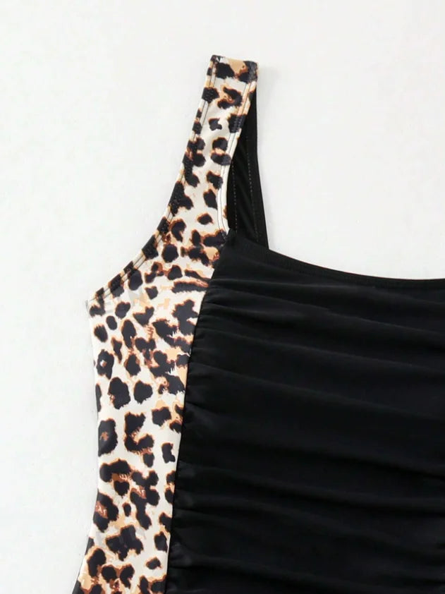 Women's Leopard Print Summer Beach Tankini Swimsuit Set, Consisting of Vest and Boxer Shorts