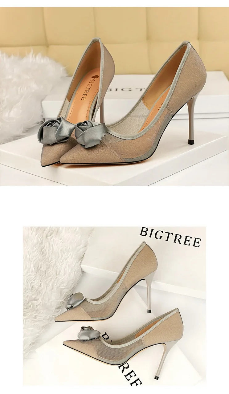 Women's Sexy Nightclub Pole Dancing Show Thin Heels High Mesh Hollowed Out Satin Rose Flower Woman Pumps