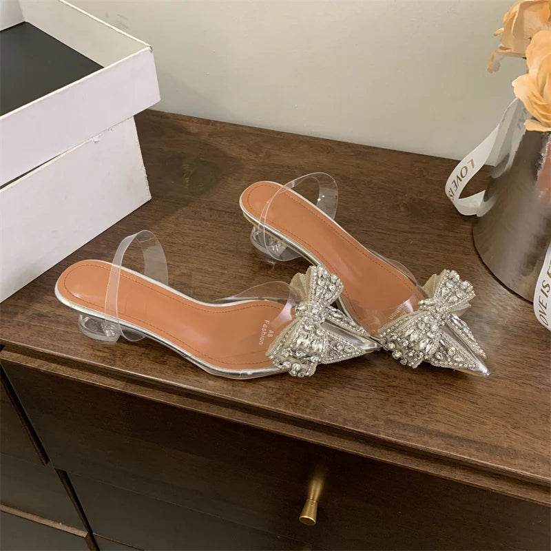 Fashion Design Crystal Bowknot Women Pumps Sexy Pointed Toe Clear High Heels Wedding Prom Shoes PVC Transparent Sandals