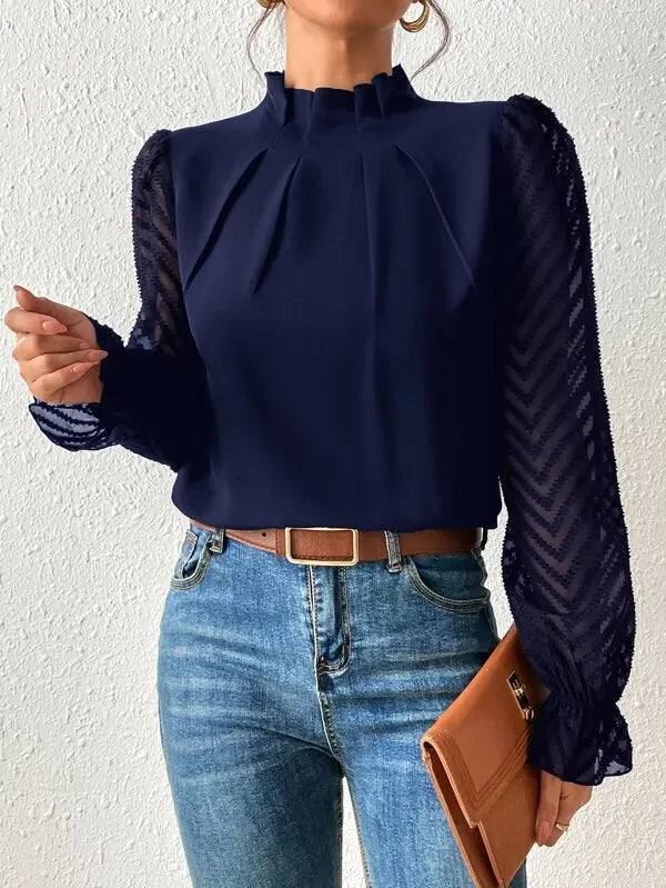 Elegant Blouse White Women's Shirt 2024 New Half High Neck Spliced Wave Pattern Chiffon Long sleeved Top Office Lady Natalia Home Fashion Navy-blue-XXL Natalia Home Fashion