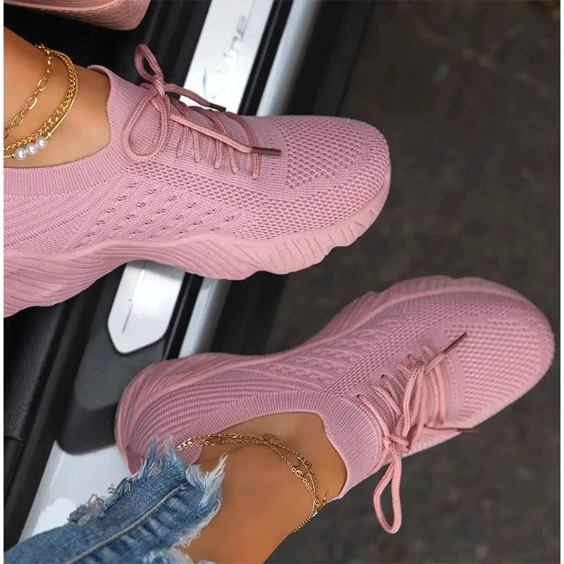 Outdoor Breathable Mesh Shoes Women Lightweight Shock-absorbing Sports Shoes Solid Color Plus Size Women Vulcanized Shoes