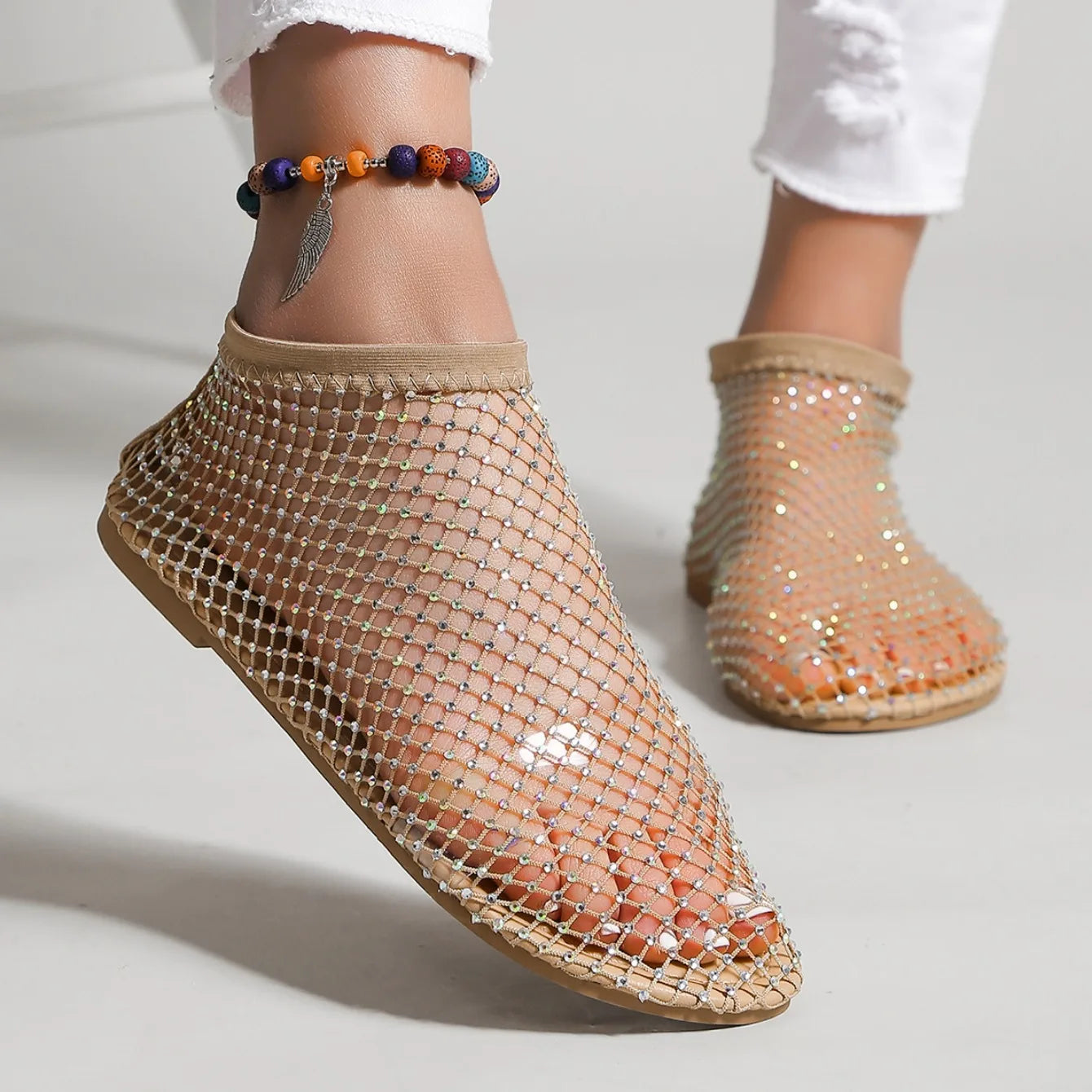 Women's Round Toe Flat Bottom Sandals Hollow Short Boots Water Diamond Sexy Flats Bottom Shoes Luxury Shoes Women