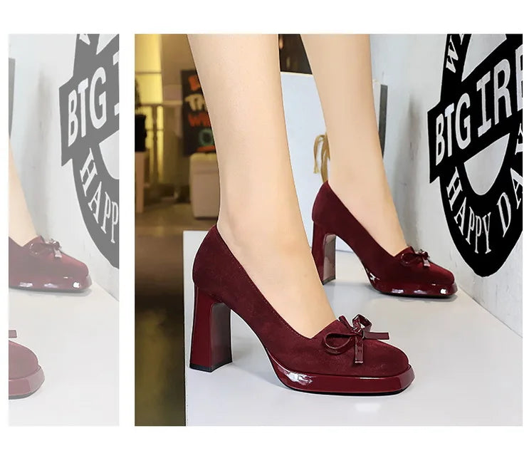 Chunky Block Heels Women Pumps Bow Decoration High Heels Square Headed Platform High Heels Suede Ladies Shoes