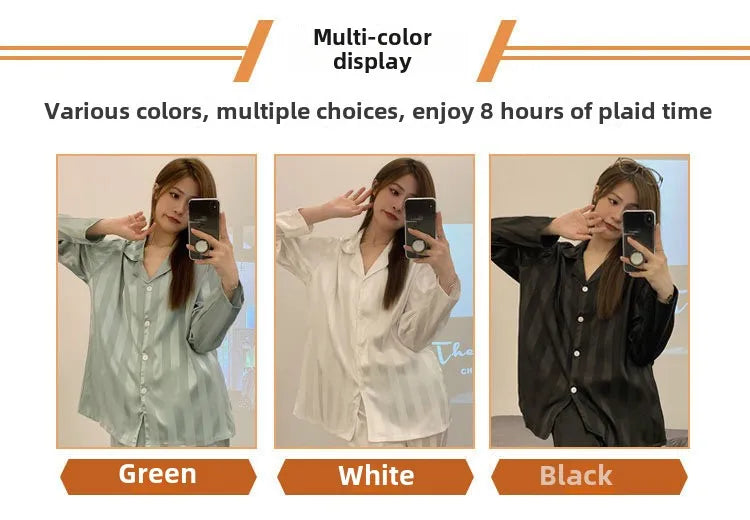 Striped Satin Pajamas Women Jacquard Loungewear Long Sleeve Trousers Two-Piece Set Solid Color Roll-Neck Cardigan Sleepwear