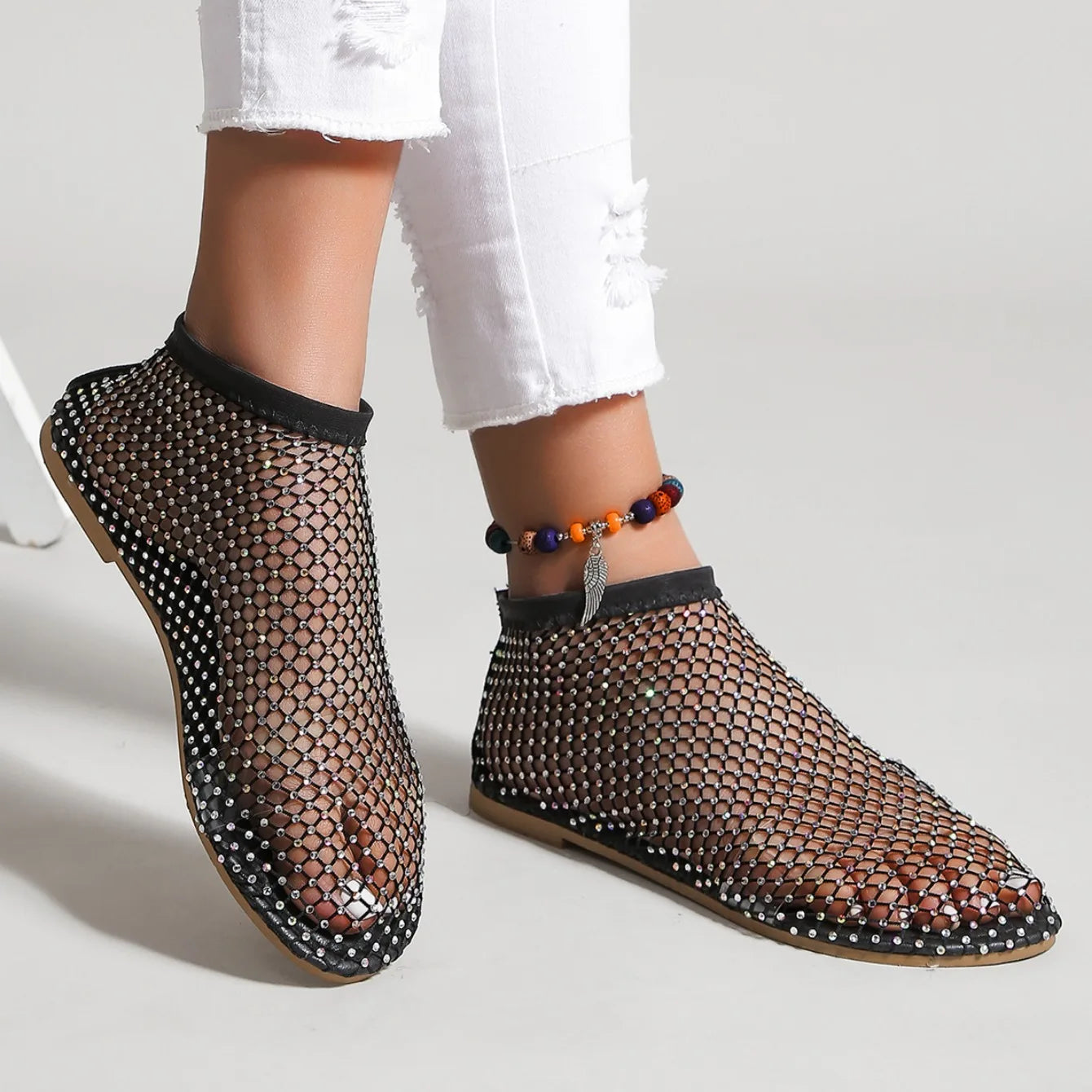 Women's Round Toe Flat Bottom Sandals Hollow Short Boots Water Diamond Sexy Flats Bottom Shoes Luxury Shoes Women
