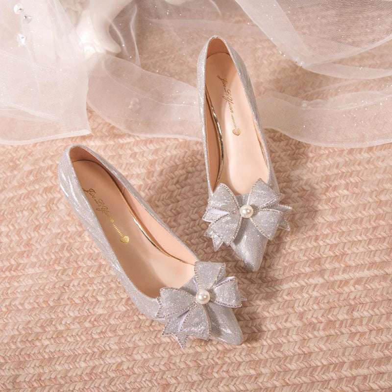 Stiletto Heels Wedding Pumps Women Party Shoes Silver Crystal Butterfly Knot Pointed Toe Sexy High Heels