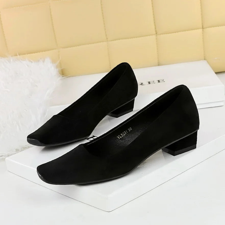 Women Fashion Style Quality Square Toe Low Heel Pumps Lady Prom Suede Shallow Mouth Thick High OL Single Shoes