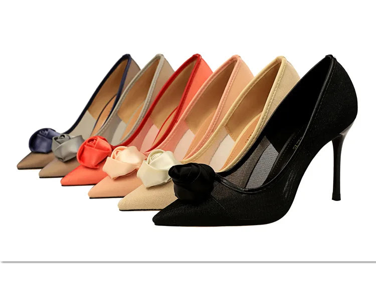 Women's Sexy Nightclub Pole Dancing Show Thin Heels High Mesh Hollowed Out Satin Rose Flower Woman Pumps