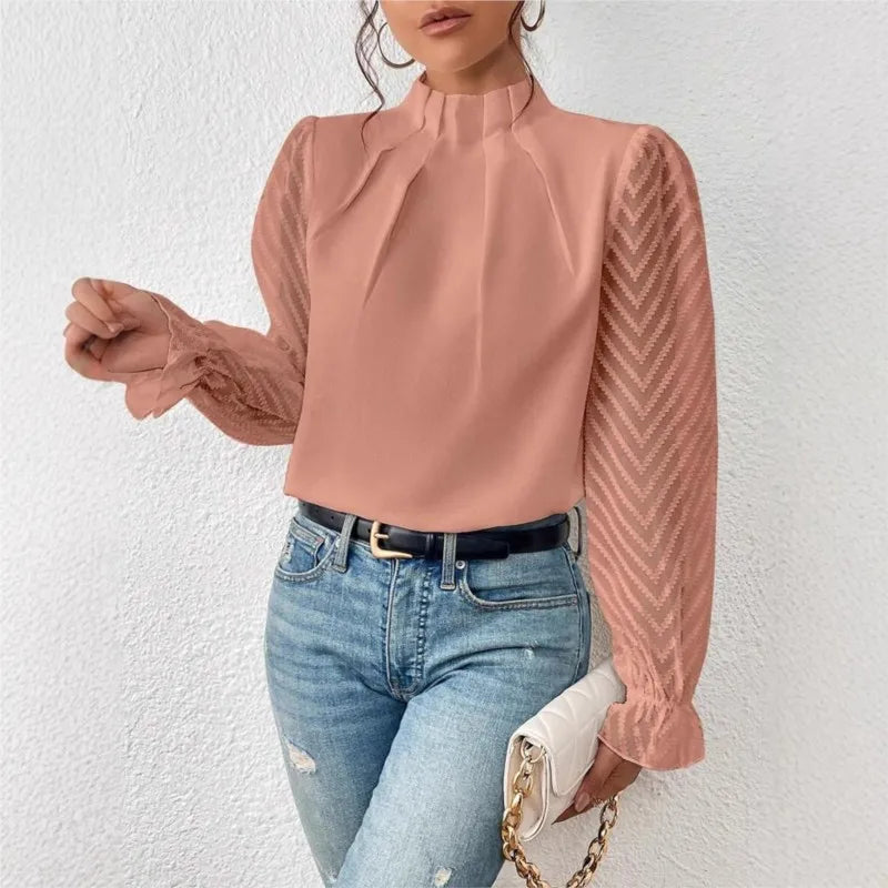 Elegant Blouse White Women's Shirt 2024 New Half High Neck Spliced Wave Pattern Chiffon Long sleeved Top Office Lady Natalia Home Fashion Natalia Home Fashion
