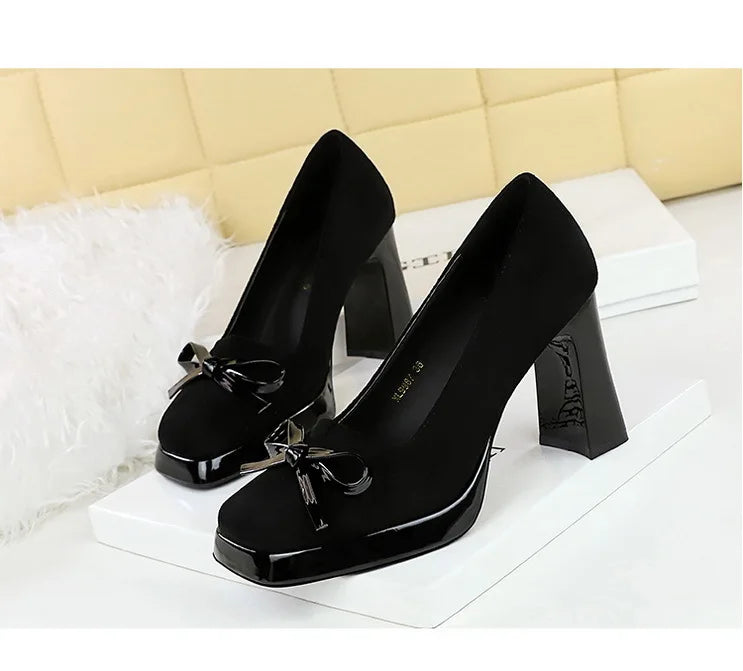 Chunky Block Heels Women Pumps Bow Decoration High Heels Square Headed Platform High Heels Suede Ladies Shoes