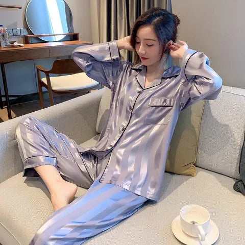 Striped Satin Pajamas Women Jacquard Loungewear Long Sleeve Trousers Two-Piece Set Solid Color Roll-Neck Cardigan Sleepwear