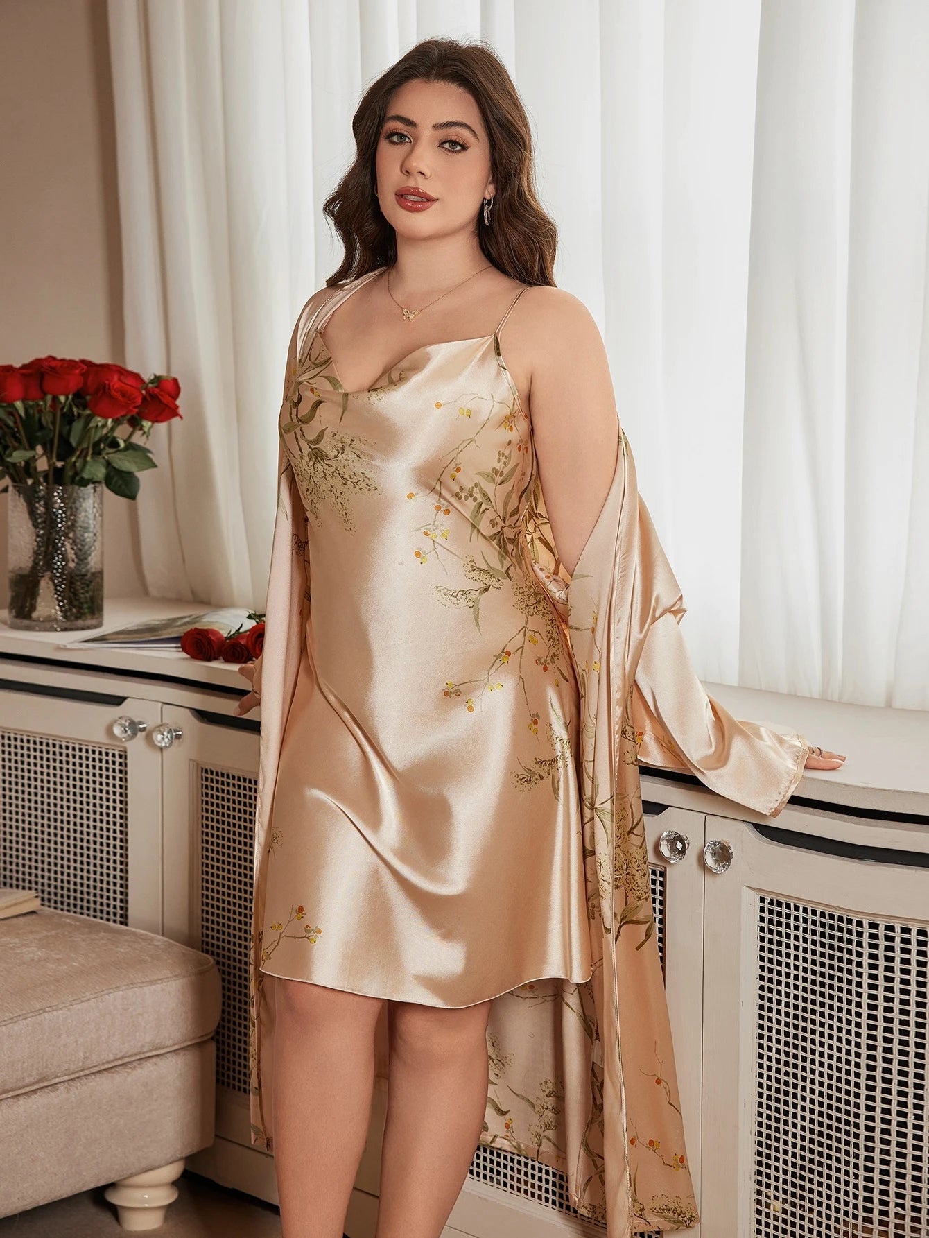 2 Piece Plus Size Women's Pajamas Gown Set Stylish Sexy Cherry Print Pajamas