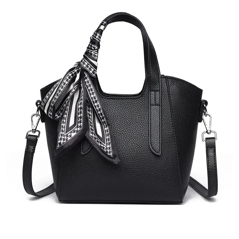 Pure Leather Cowhide Single Shoulder Crossbody Bag Ladies Handbag Fashion Bucket Bag Simple Basket Comes with Scarf