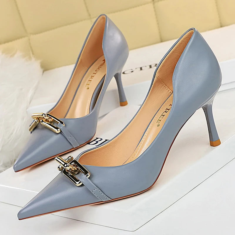 Elegant Women Pumps Metal Button Kitten Heels Women Shoes Stiletto Banquet Shoes Pointed High Heels