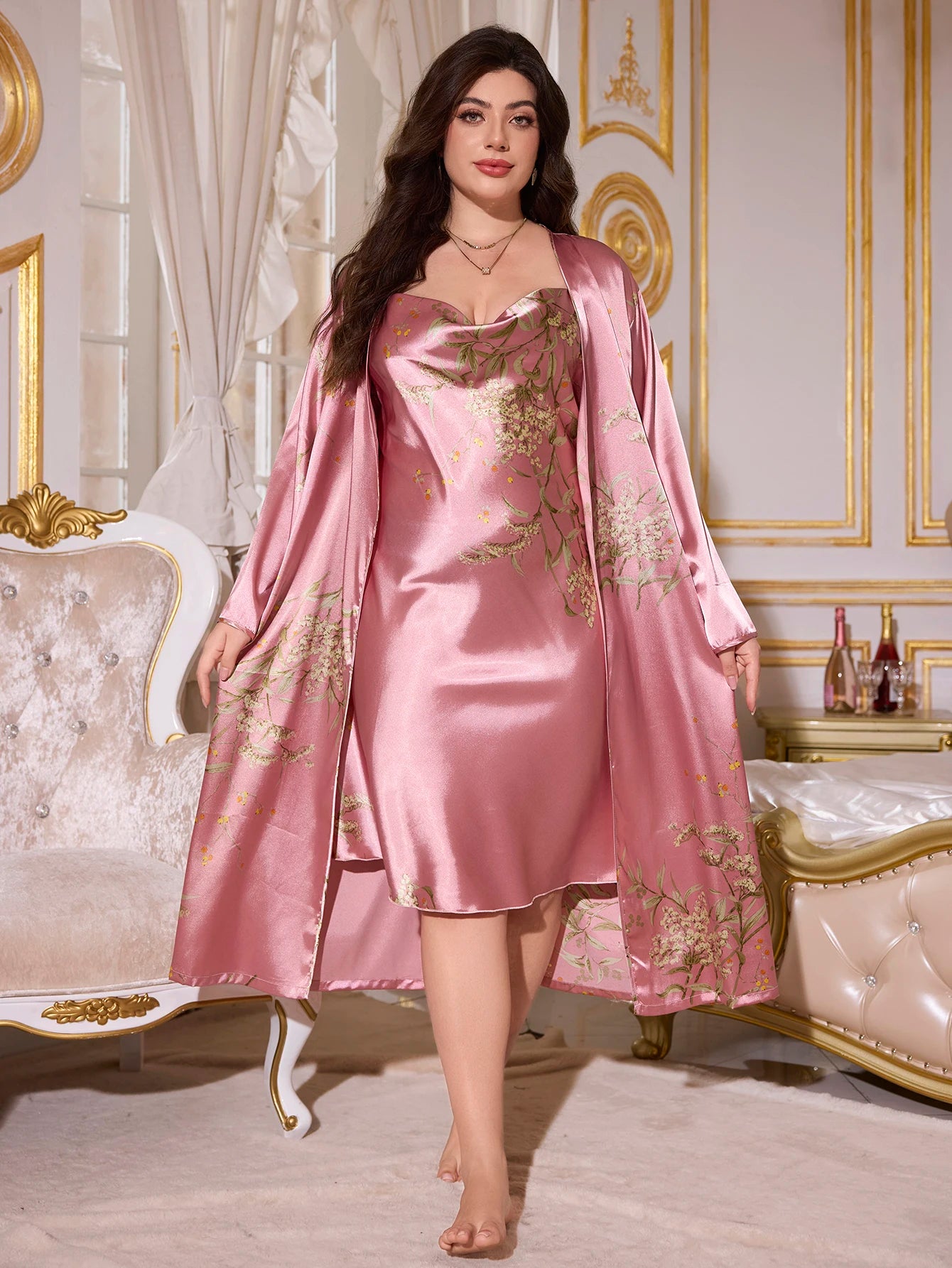 2 Piece Plus Size Women's Pajamas Gown Set Stylish Sexy Cherry Print Pajamas