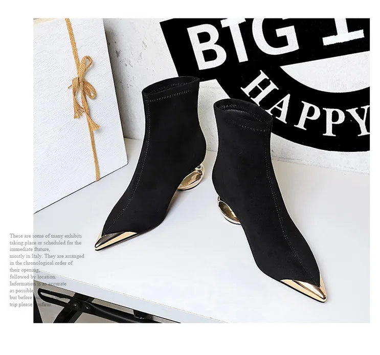 Street Style Fur Metal Hollow Heel Modern Faux Suede Short Boots for Women Metal Pointed Toe Low Heel Boots Female