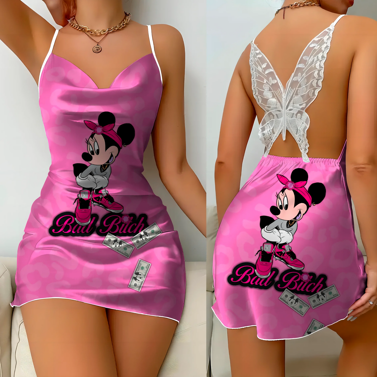 Mini Dress Pajama Skirt Bow Knot Party Dresses Satin Surface Minnie Mouse Disney Mickey Women Fashion Summer Elegant Women