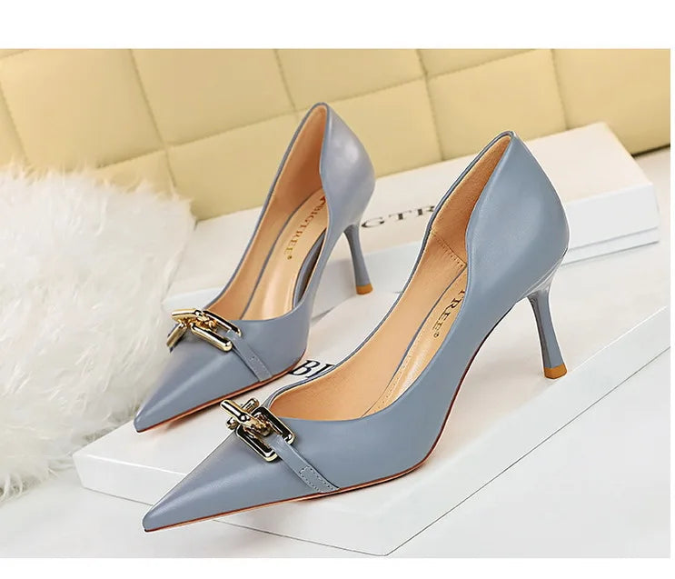 Elegant Women Pumps Metal Button Kitten Heels Women Shoes Stiletto Banquet Shoes Pointed High Heels