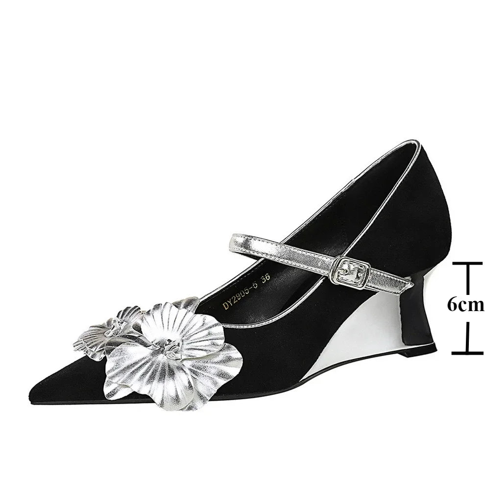 Metal Wedges 6 cm Women Pumps Flower Design High Heels Suede Sexy Party Shoes Buckle Ladies Shoes Women Wedges