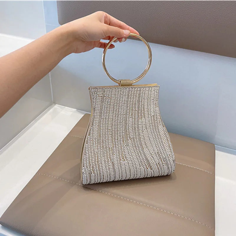 Fashionable Diamond Set Pearl Handbag, Banquet Single Shoulder Water Diamond Circular Cross Women's Handbag
