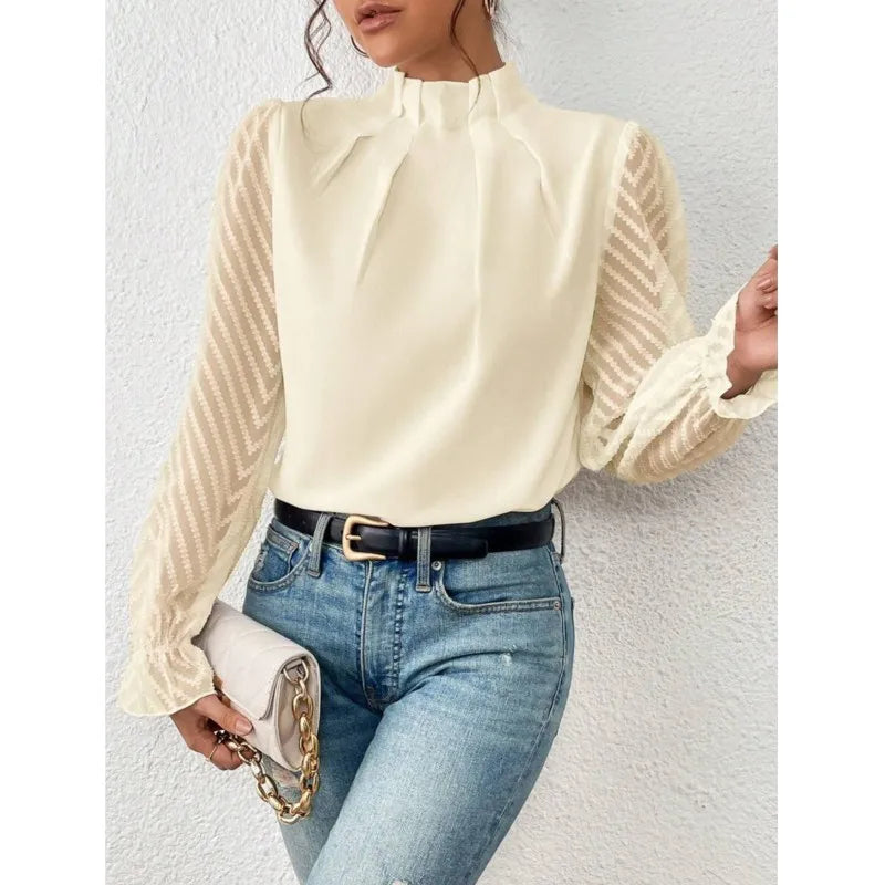 Elegant Blouse White Women's Shirt 2024 New Half High Neck Spliced Wave Pattern Chiffon Long sleeved Top Office Lady Natalia Home Fashion Natalia Home Fashion