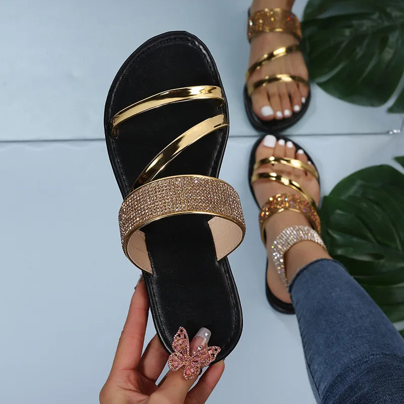 Women's Fashion Patent Leather Flat Heel Sandals Bling Rhinestone Narrow Band Beach Casual Slippers