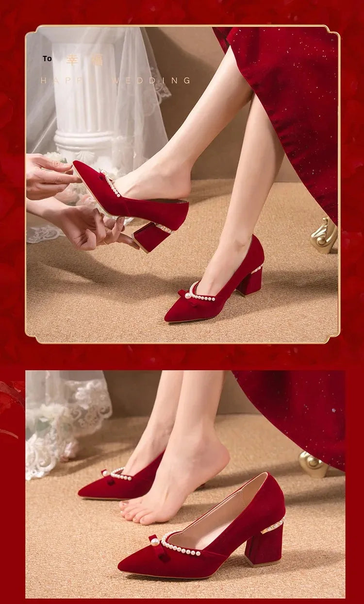 Women's Chunky Heel Pointed Toe Slip-On Shoes Wedding Dress Two-Way Wear Pearl Red Bridal Shoes Spring Autumn New Style