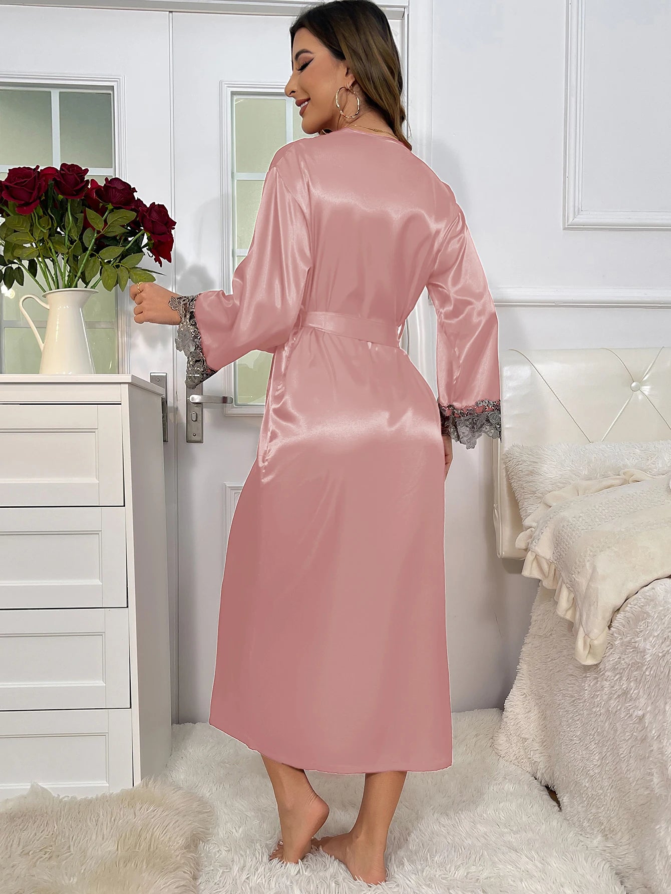 Contrast Lace Long Sleeve Belted Robe V Neck Slip Dress Sexy Elegant Women Pajamas Sets