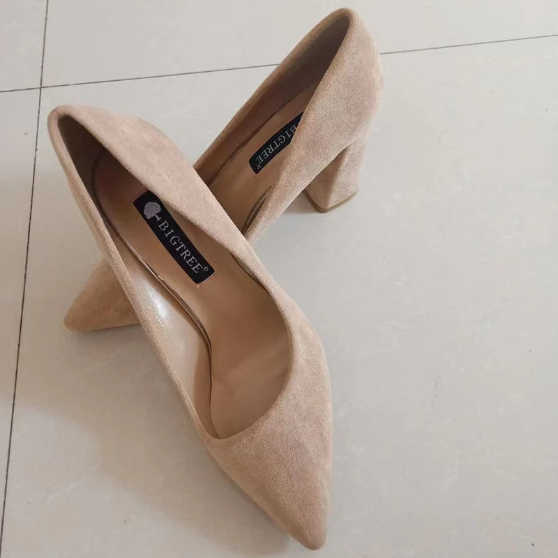 Summer Women 8.5cm High Heels Pumps Elegant Sweet Lady Wedding Block Square Middle Heels Flock Suede Nightclub Shoes