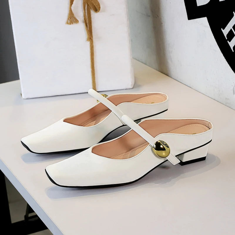 European Style Light-Mouthed Half-Slippers Women Wearing Thick Heels And Square-Toe Mary Jane Shoes One-Strap