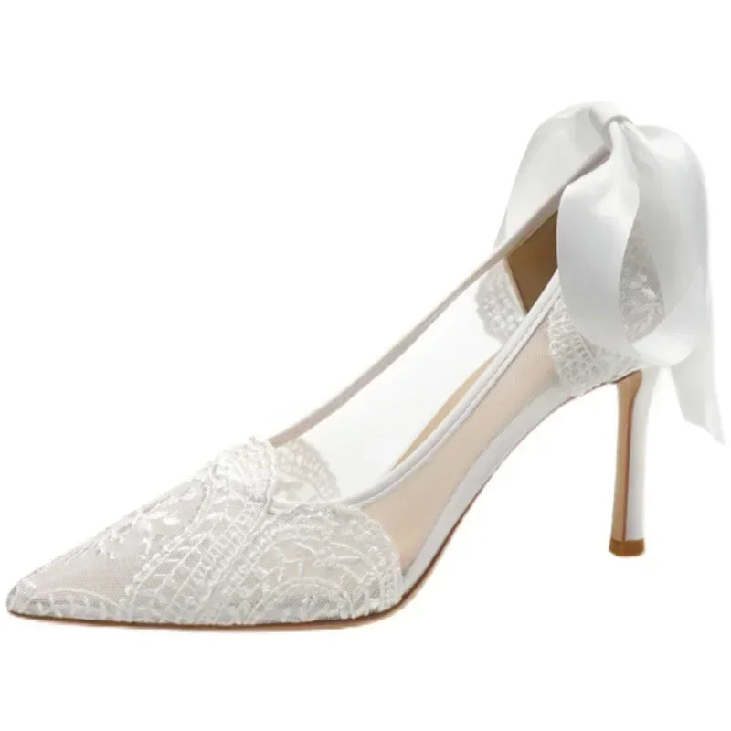 French wedding shoes, lace bridesmaid shoes, white pointed high heels, women's slim heels, bride's shoes